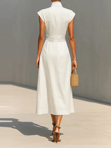 Summer New High Waist Pocket Dress Elegant Lady Slim Pleated Midi Dresses Fashion Solid Stand Collar Sleeveless Commuting Dress