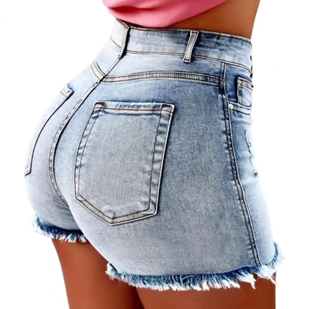 Retro Distressed High Waist Women Shorts With Side Pockets