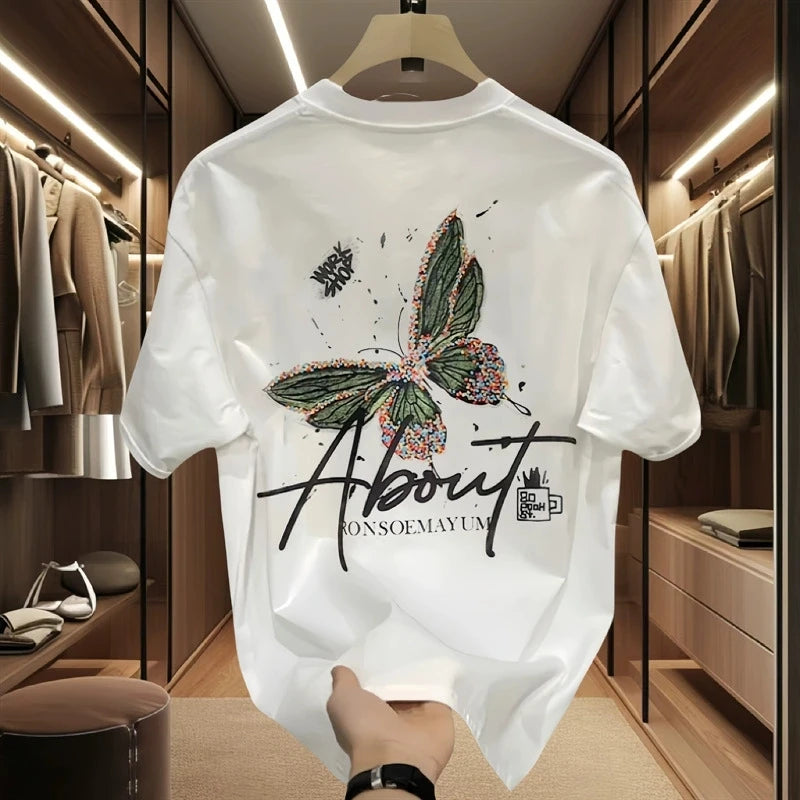T-shirts en coton pour hommes, 5XL, t-shirt blanc pour hommes, tenue d'été décontractée, t-shirts tendance avec imprimé papillon, vêtements pour hommes noirs