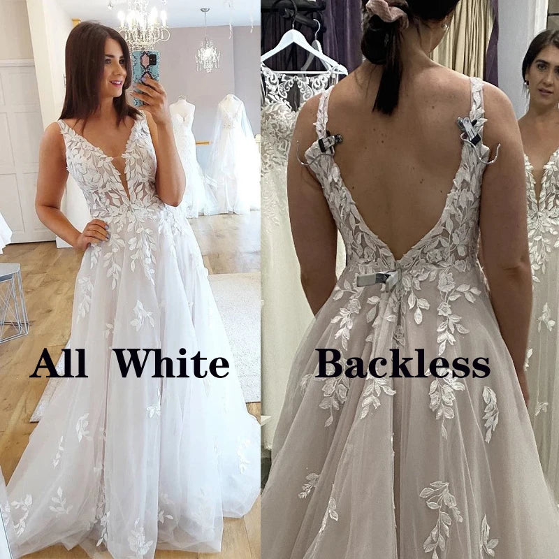 VIKTORIA Fashion Aline Wedding Dresses V-neck Custom-Made Court Train Appliques Sleeveless Robe De Mariée Engagement Plus
