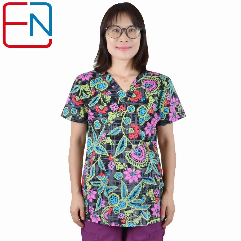 Hennar Print Vet Scrub Uniform For Women In 100% Cotton 4 pockets,XXS-5XL Pet Doctors Medical Scrub Tops