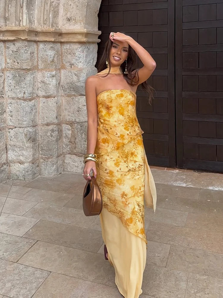 Vintage Floral Print Strapless Patchwork Dress Women Elegant Sleeveless Backless Ribbon Split Dresses Summer Female Party Robes