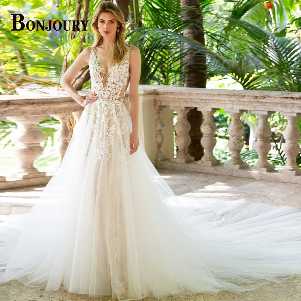 BONJOURY Simple V-neckline Wedding Dress for Woman Bride Satin Pockets Chapel Train Button Vestido De Casamento Drop Shipping