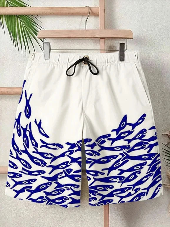2025 Summer New 3D Japanese Wave Print Men's Street Hip-Hop Casual Shorts Men's Summer Swim Shorts Drawstring Casual Shorts