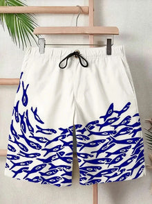 2025 Summer New 3D Japanese Wave Print Men's Street Hip-Hop Casual Shorts Men's Summer Swim Shorts Drawstring Casual Shorts