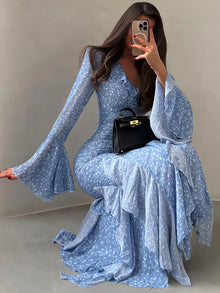 Women Printed V Neck Long Dress Flared Sleeve Lotus Leaf Edge High Waist Slim Fit Maxi Dresses Lady Elegant Evening Party Dress