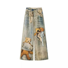 New Men's Punk Fashion Distressed Streetwear Denim Pantalones 3D Cartoon Bear Graphic Baggy Y2K Jeans Hip Hop Printed Jean