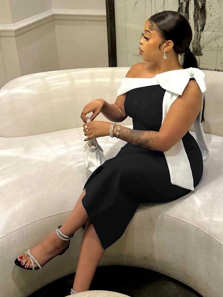 Women Summer Midi Knitted Dress High Waist Elegant One Piece