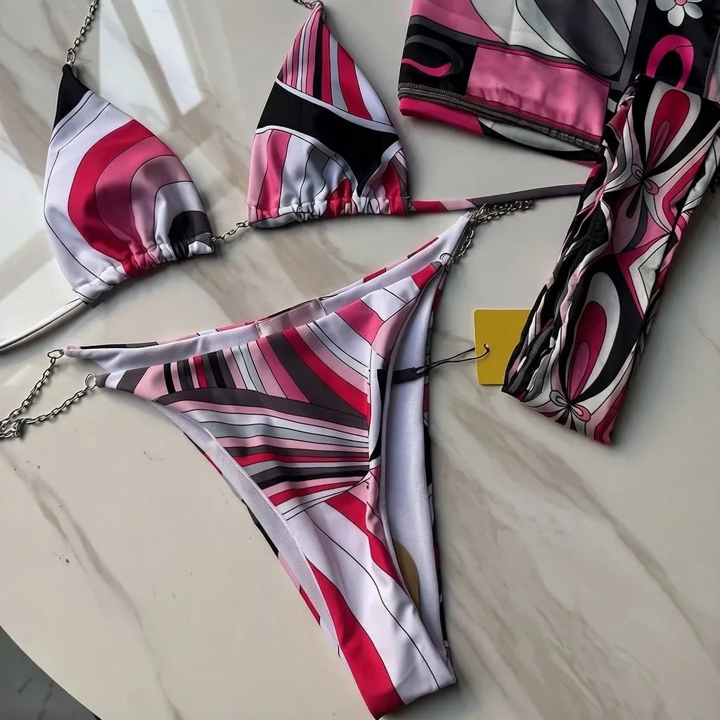 2026 Fashion Design Women's Red Scarf Sling Swimsuits Classic Brand Lady Scarf Bikini Sets with Letter Signature Logo