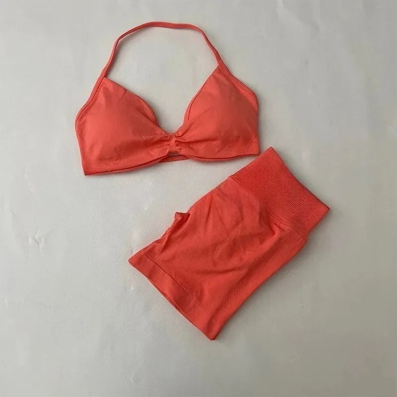 NO Logo Gym impact shorts set Strap Top Women's Long Line Strap Vest Pads Yoga Clothes Fitness Exercise Running Sports Clothes