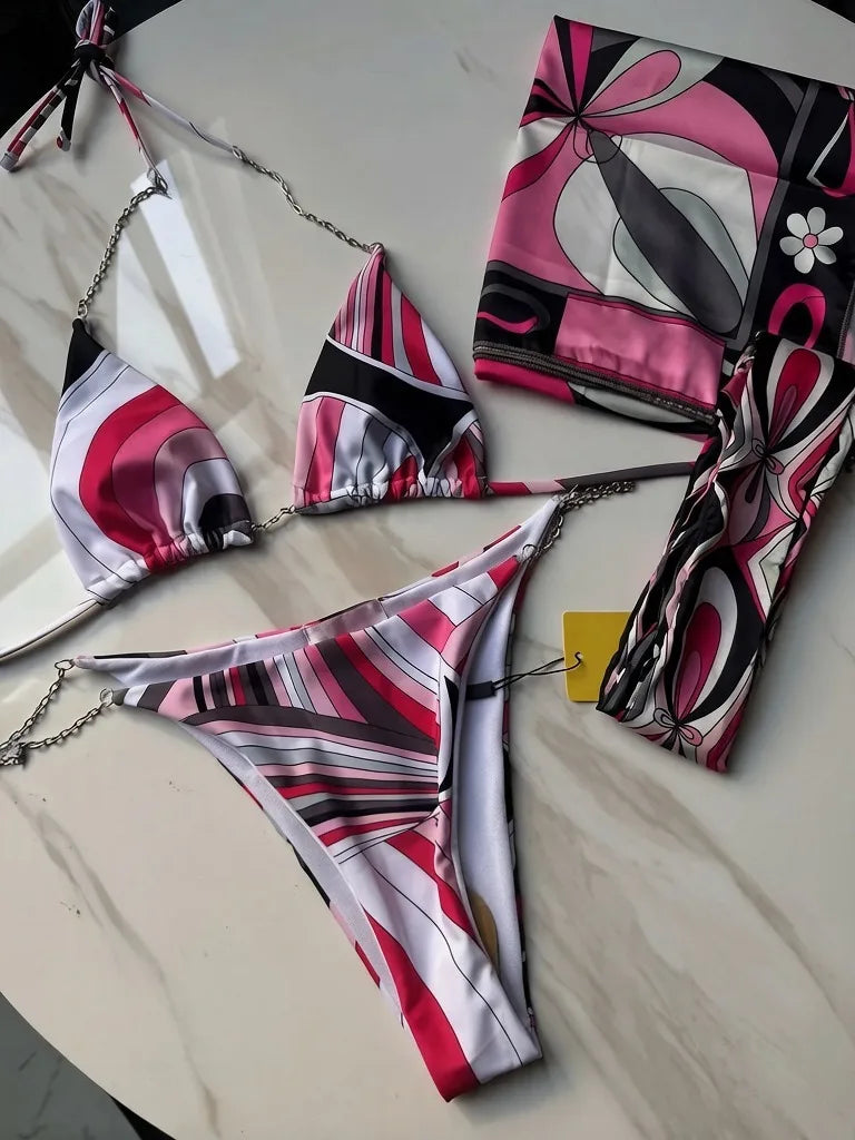 2026 Fashion Design Women's Red Scarf Sling Swimsuits Classic Brand Lady Scarf Bikini Sets with Letter Signature Logo