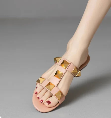 Women Soft Leather Stud Flat Shoes Open Toe Summer Black White Brown Slippers Seam Retro Leisure Slides EU34-43 Big Gold Rivets