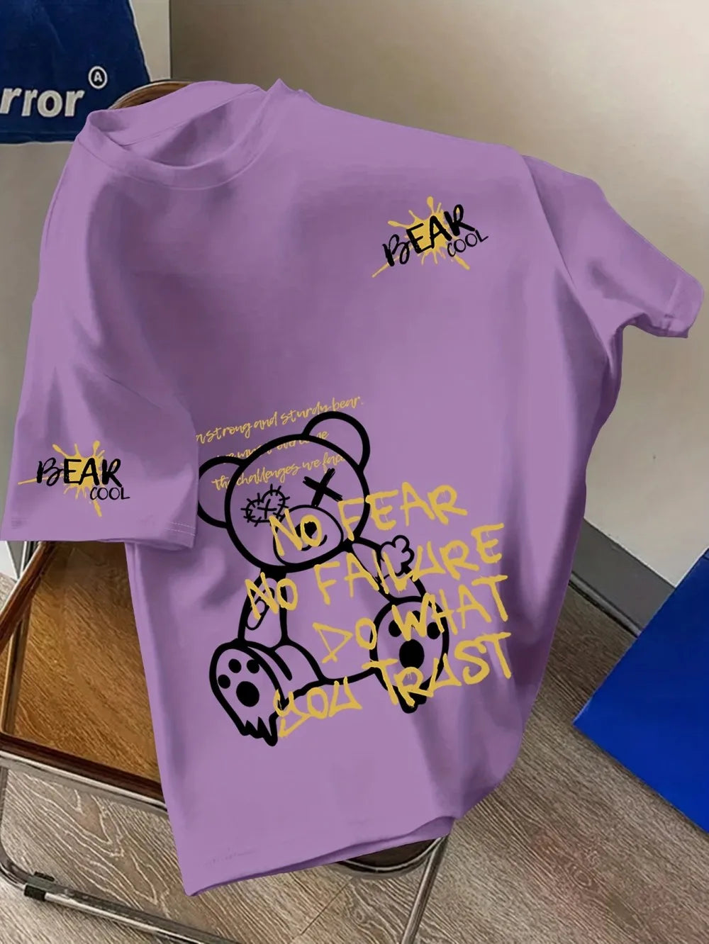 Fashionable men's summer personalized teddy bear letter print comfortable and breathable round neck T-shirt outdoor street top