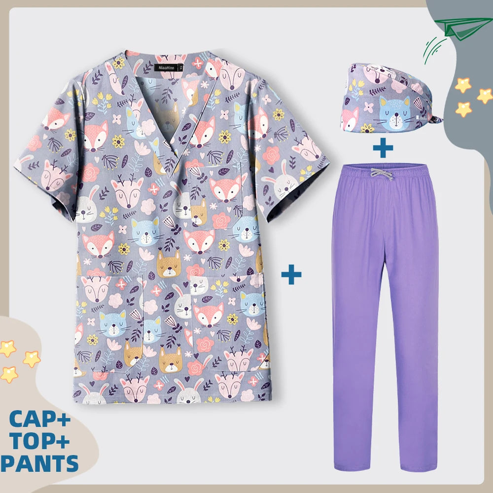 Print Dogs/Cats/Rabbit Scrub Tops Women Men Medical Scrub Shirts Pet Shop Vet Workwear Doctor Nurse Uniform Dentist Overalls Cap