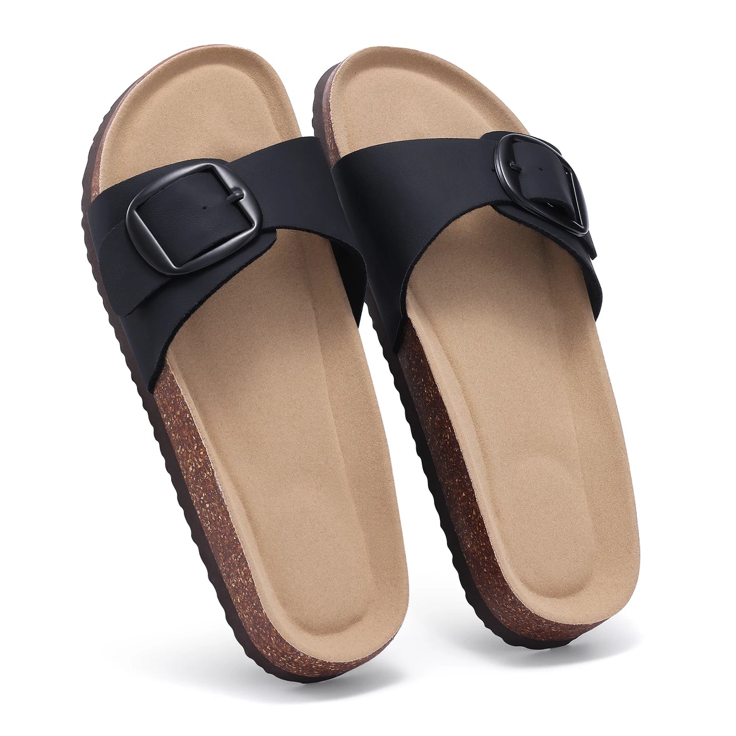 Bebealy Women's Cork Footbed Slippers Summer Leather Beach Flip Flops with Adjustable Buckle Lady Clogs Sandal With Arch Support