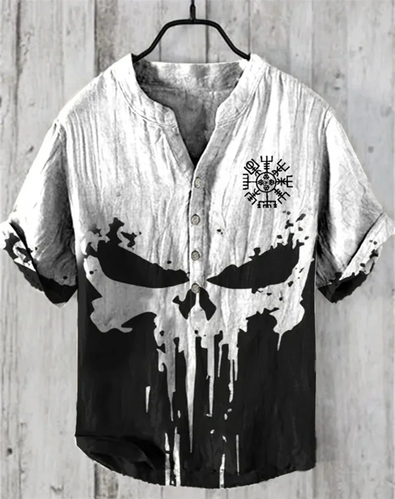 Summer New Men's Short Sleeve Shirt Pattern Art Print Men's 100% Linen Button Shirt Short Sleeve Comfort Shirt