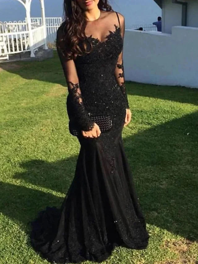 Robe de soirée sirène / trompette scintillante, robe de bal, traîne balai, manches longues, encolure illusion, dentelle avec applications, 2023