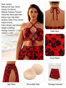 Red Black Floral Tankini Set Skirt Halter High Waist