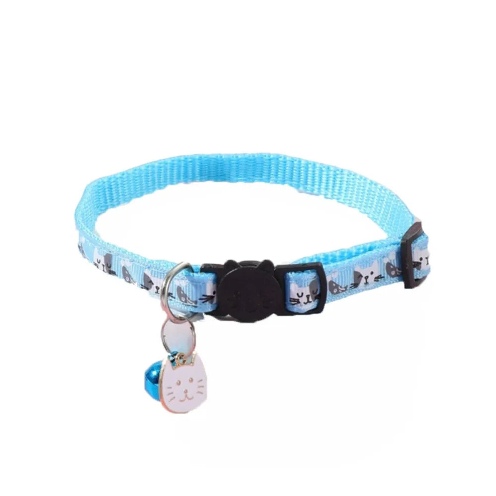 Adjustable Pet Cat Collar Quick Release Safety Buckle Anti-lost Cat Necklace Cat Pattern with Cat Face Pendant Bell