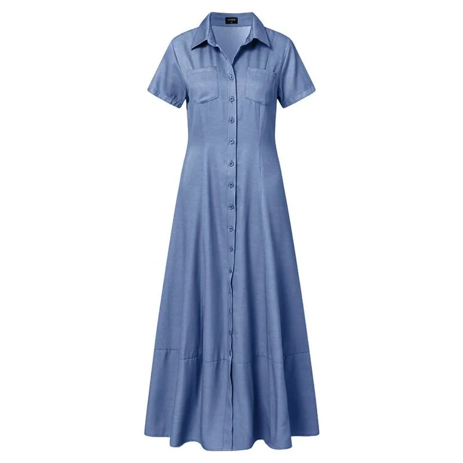 Fashion Casual Elegant Long Dress Summer Cowboy Turn-down Collar Short Sleeve Party Dress for Women Solid Button Design Vestidos