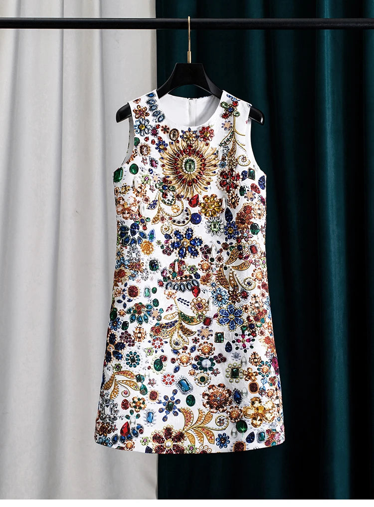 Women Printed Beaded Dress Sleeveless Round Neck Tank Dress Elegant Slim Fit Casual Fashion Party Dress for Women