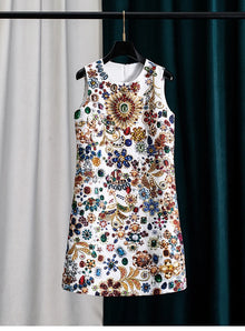 Women Printed Beaded Dress Sleeveless Round Neck Tank Dress Elegant Slim Fit Casual Fashion Party Dress for Women