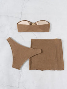 Coffee Bandeau Bikini Set With Mesh Skirt 3 Piece Swimwear