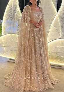 FATAPAESE Luxury Beads Sequins Cape Evening Dresses Champagne A Line Tulle Wedding Guest Dress for Arabic Dubai Saudi