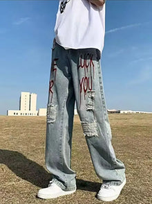 Y2k Streetwear Printed Ripped Hole Jeans Men Wide Leg Denim Baggy Pants Vintage Casual Jeans Straight Trousers