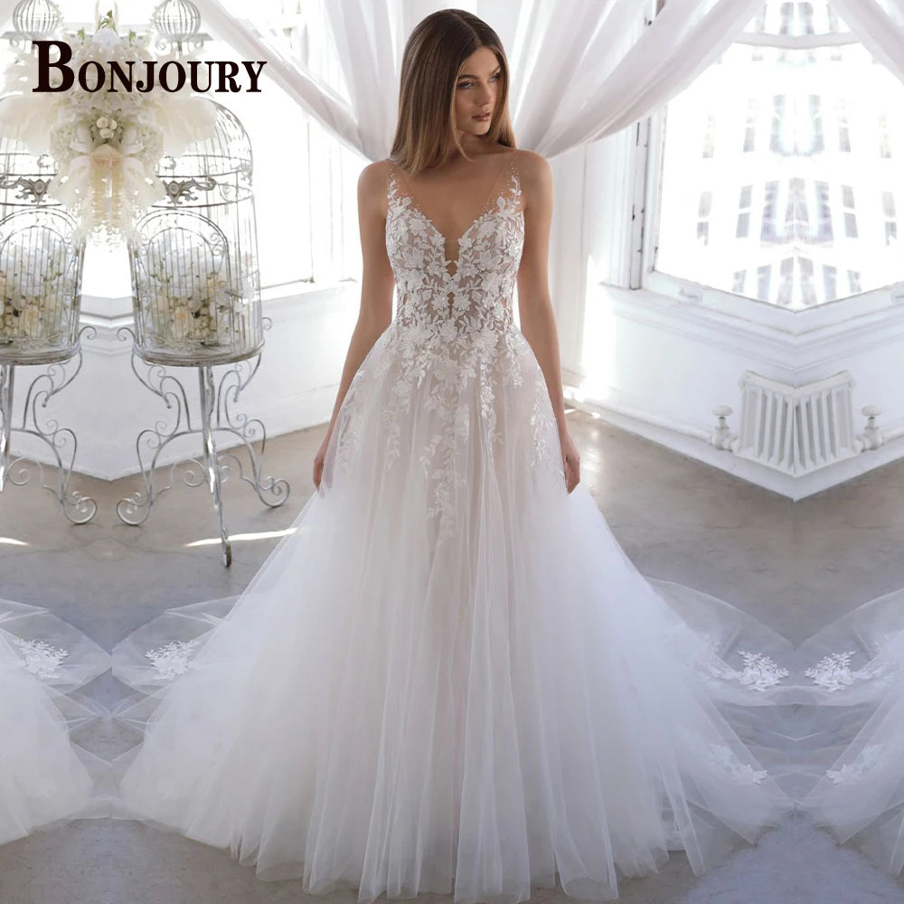 BONJOURY Simple V-neckline Wedding Dress for Woman Bride Satin Pockets Chapel Train Button Vestido De Casamento Drop Shipping