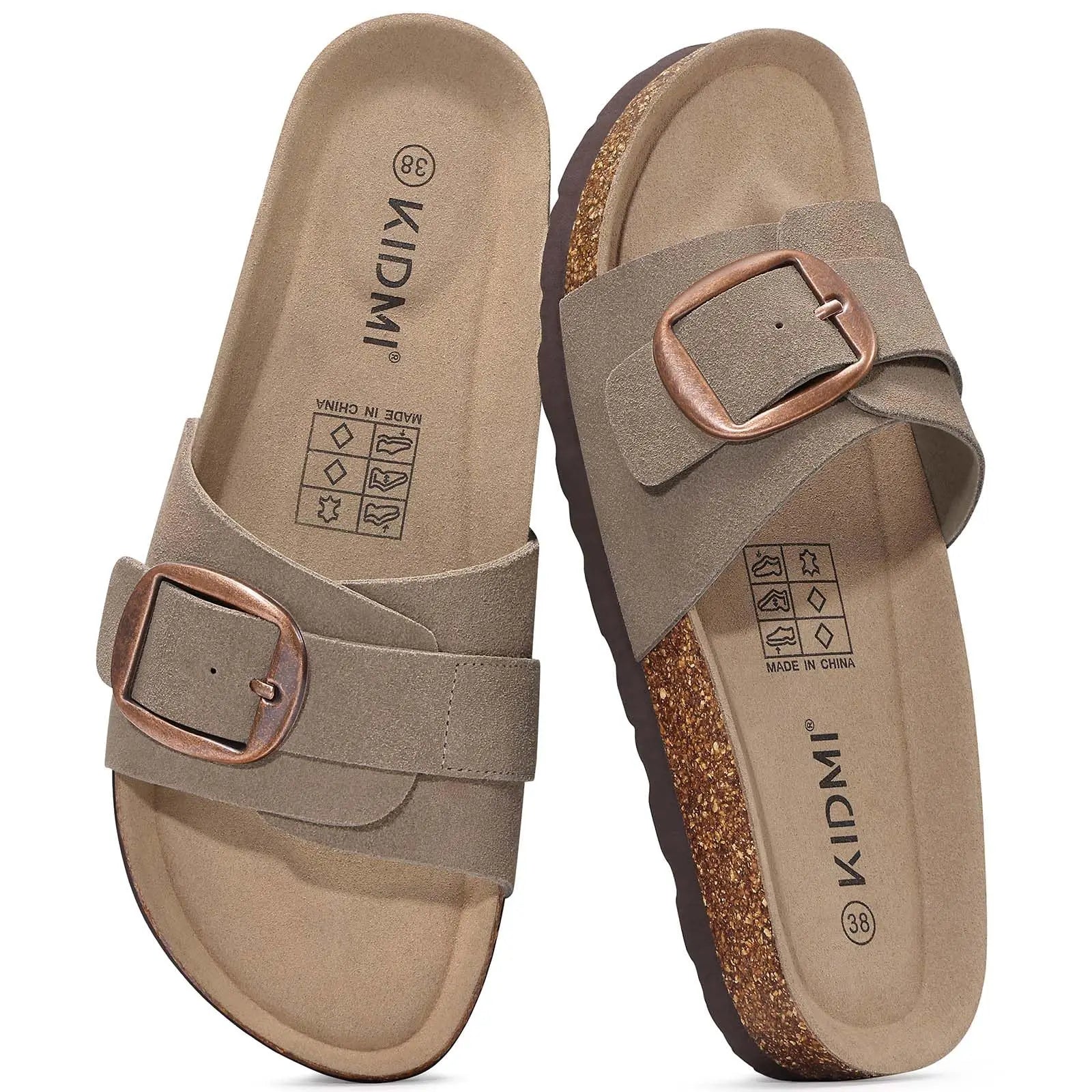 Bebealy Women's Suede Cork Sandals with Arch Support Soft Cork Footbed Slippers Summer Beach Slides Lady Genuine Clogs Slippers