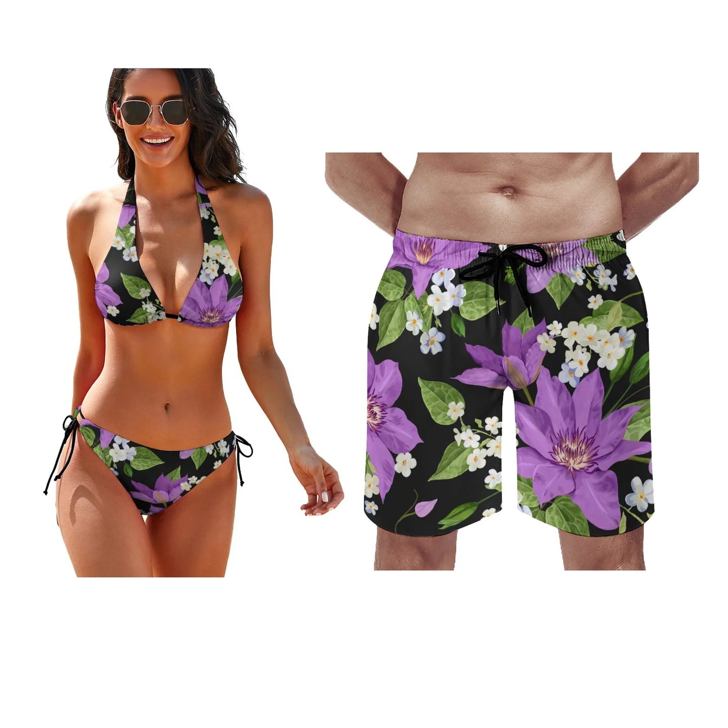 Polynesian Custom Bikini Beach Couple Set Push Up Swimwear with Chest Pad Strap Swimwear Beach Trousers Surfing Couple