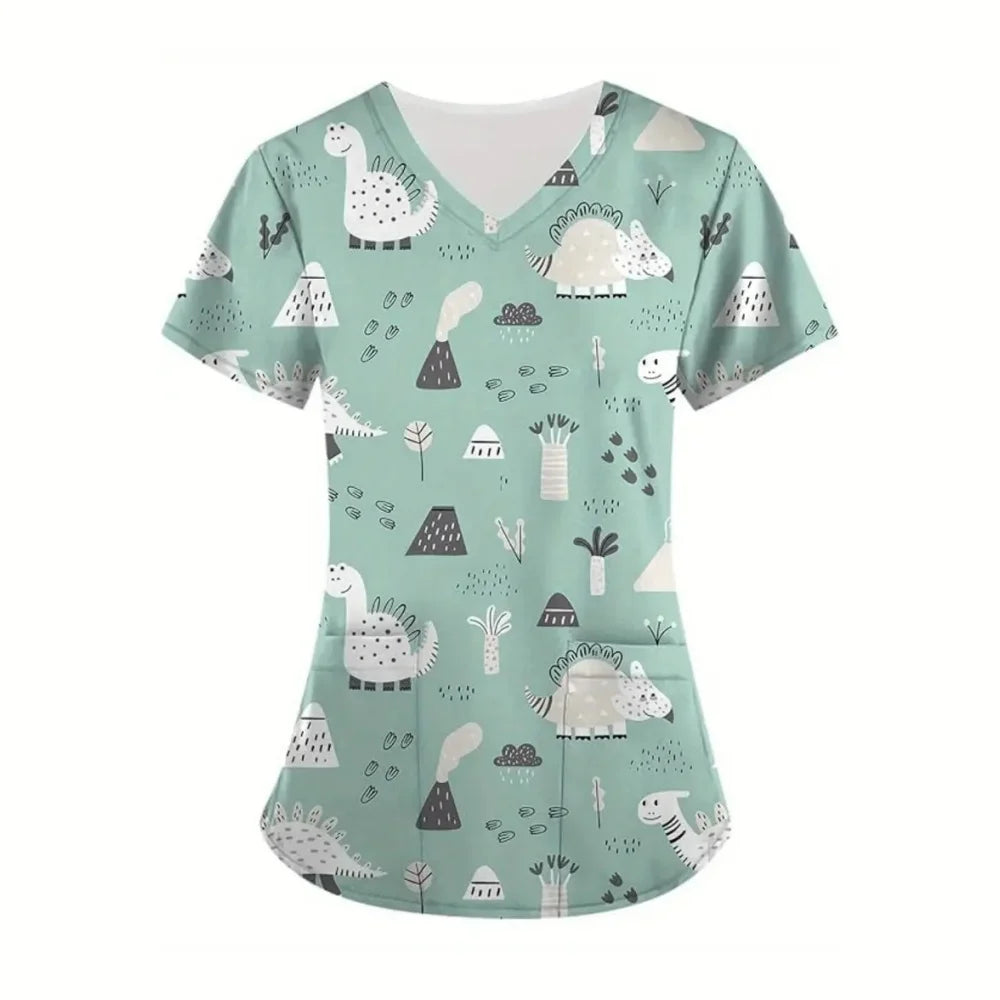 Clinical Uniform Woman Dinosaur Cartoon Print Vet Scrubs Woman Tops V-Neck Short Sleeve with Micro Stretch Nurse Uniform Woman