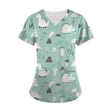 Clinical Uniform Woman Dinosaur Cartoon Print Vet Scrubs Woman Tops V-Neck Short Sleeve with Micro Stretch Nurse Uniform Woman