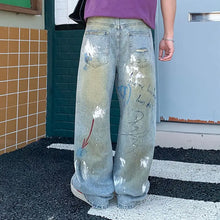 2026 New Street Graffiti Ripped Painted Jeans for Men, Straight Loose Wide-Leg Trendy Brand, Cool and High-End