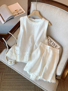 Summer 2025 Women's Embroidered Lace Trim Linen Two-Piece Set Sleeveless Top And Shorts Outfit Elegant And Proper Fashionable