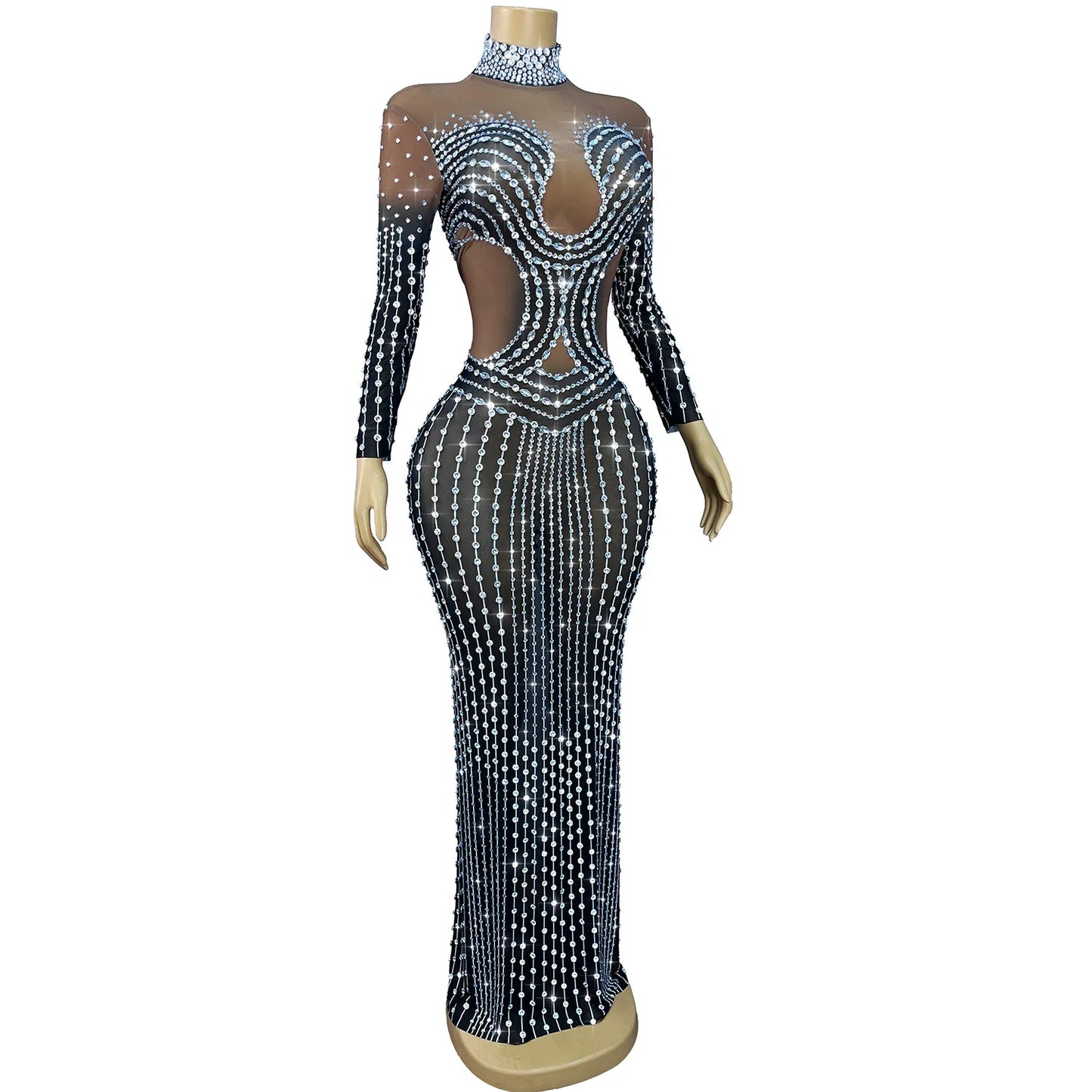 Sparkly black Big Rhinestone Transparent Long Dress Evening Birthday Celebrate Luxurious Costume Dancer Flashing Dress