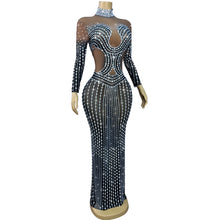 Sparkly black Big Rhinestone Transparent Long Dress Evening Birthday Celebrate Luxurious Costume Dancer Flashing Dress