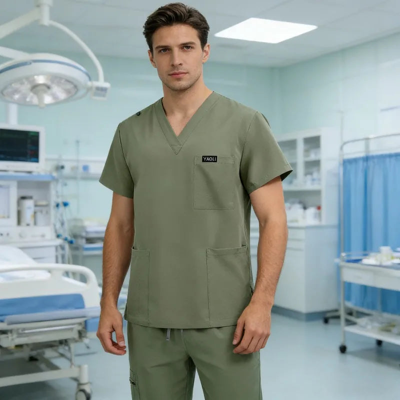 Unisex short sleeved surgical scrub set, skin care and operating room medical staff uniforms, isolation gowns