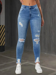 Women Pencil Pants Hole Jeans Streetwear Washed Ripped High Waist Vintage Stretch Distressed Denims Female Ankle Length Trousers