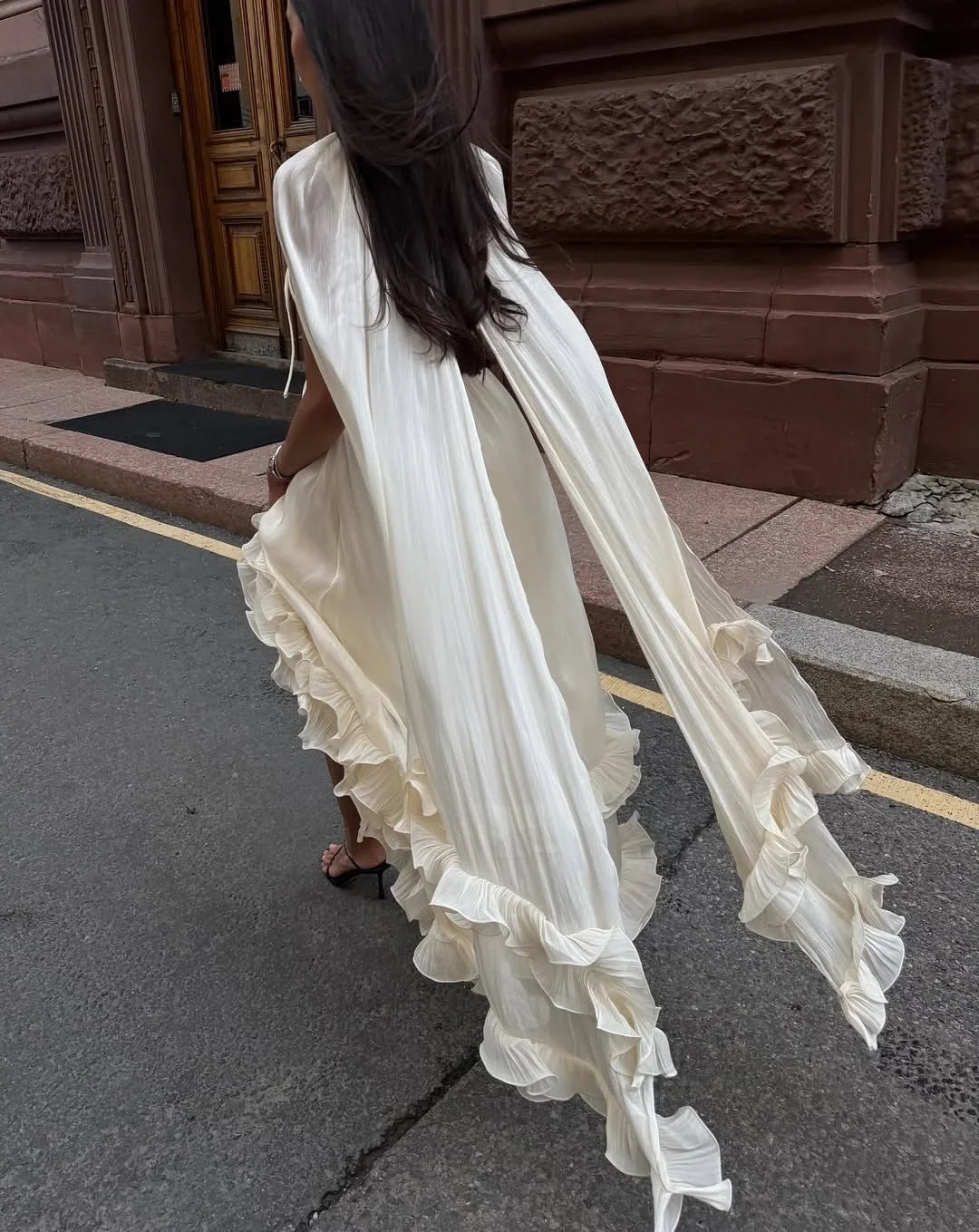 Women Solid Cloak Long Dresses Fashion Stand Neck Lace Sleeveless Ruffle Irregular Hem Dress 2025 New Summer Street Lady Gown
