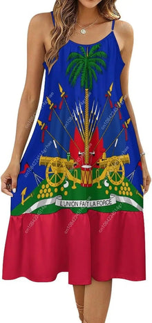 Haiti Flag Haitian Dress Women Sexy Long Suspender Dresses Halter Flared Dresses Casual Midi Dress