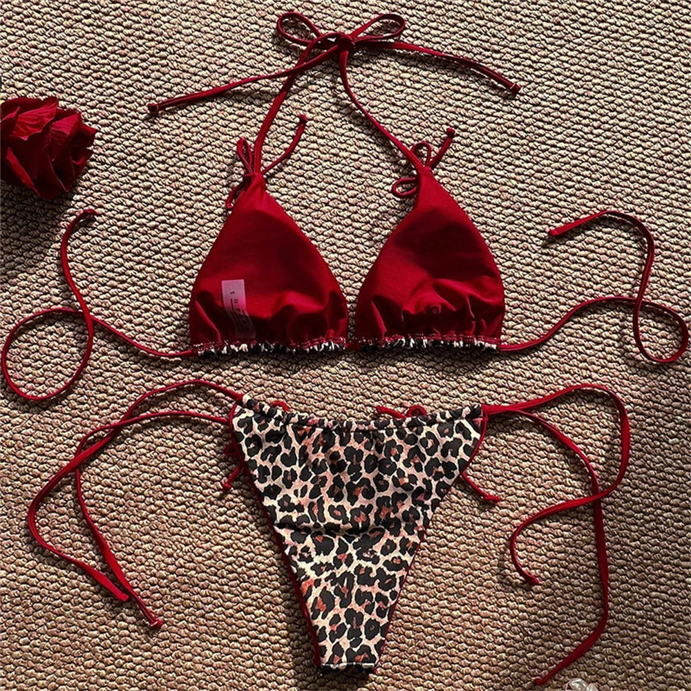 Red Leopard Bikinis Sets Bowknot Triangle String Backless Swimsuit Push Up Halter Extrem Swimwear Thong Women Beach Bathing Suit