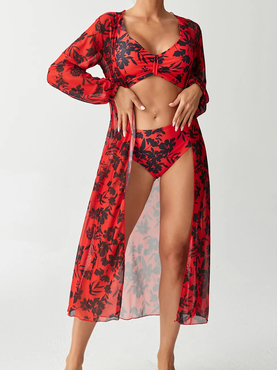 3 Pieces High Waist Bikini With Kimono Swimwear 2026 Women Printed Swimsuit Female Bathers Bathing Swimming Swim Suit Beachwear
