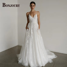 BONJOURY Simple V-neckline Wedding Dress for Woman Bride Satin Pockets Chapel Train Button Vestido De Casamento Drop Shipping