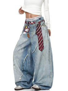 Women's Distressed Denim Wide Leg Jeans Y2K Grunge Style Tie & Pearl Chain Printing High Waist Casual Streetwear Trousers