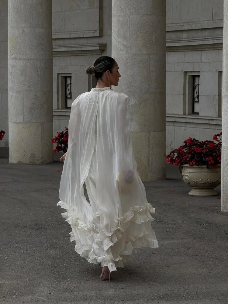 Women Solid Cloak Long Dresses Fashion Stand Neck Lace Sleeveless Ruffle Irregular Hem Dress 2025 New Summer Street Lady Gown