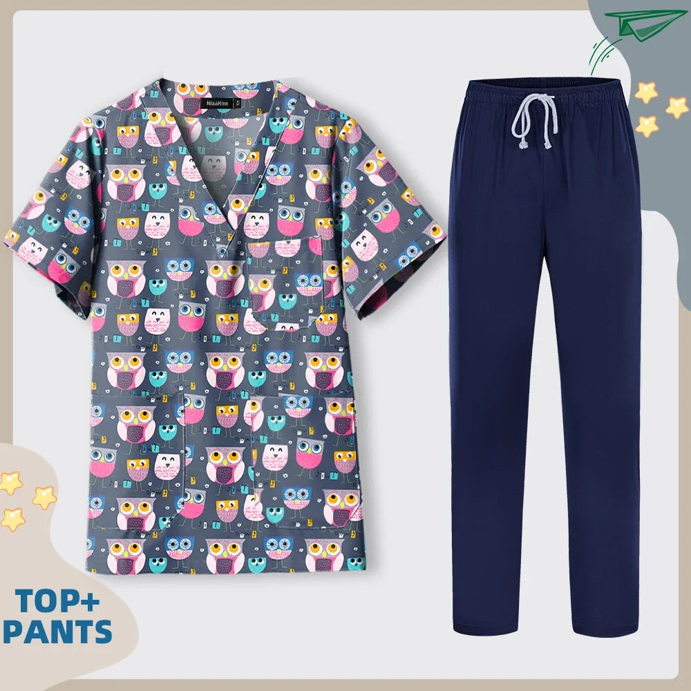 Print Dogs/Cats/Rabbit Scrub Tops Women Men Medical Scrub Shirts Pet Shop Vet Workwear Doctor Nurse Uniform Dentist Overalls Cap