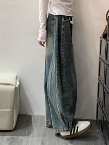 Retro Washed Distressed Knife  Denim Jeans High Waist Loose Fit Slimming Wide Leg Pants for plus Size Women Autumn