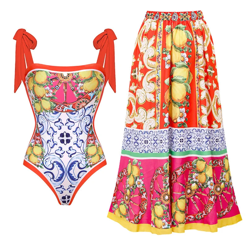 2024 Vintage Printed One Piece Swimsuit Women Beachwear